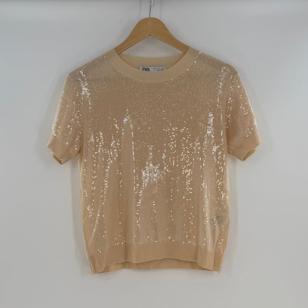 Zara Knit Sequin Short Sleeve Top Ercu Size S